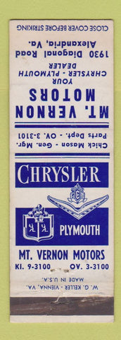 Matchbook Cover - Mount Vernon Chrysler Plymouth Alexandria VA WEAR