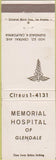 Matchbook Cover - Memorial Hospital of Glendale CA WEAR