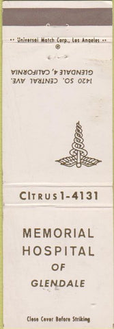 Matchbook Cover - Memorial Hospital of Glendale CA WEAR