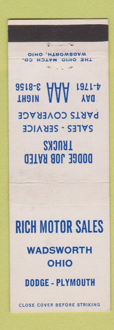 Matchbook Cover - Rich Motor Sales Wadsworth OH Dodge Plymouth