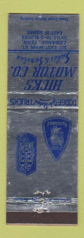Matchbook Cover - Hicks Motors Plymouth Dodge Lebanon TN