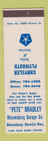 Matchbook Cover - Bloomsburg Garage Chrysler Plymouth PA