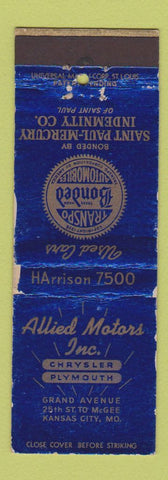Matchbook Cover - Allied Motors Chrysler Plymouth Kansas City MO WORN
