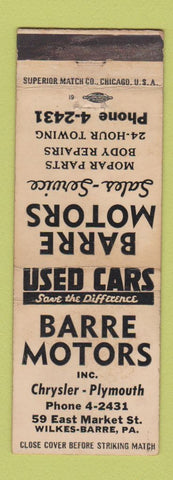 Matchbook Cover - Barre Chrysler Plymouth Wilkes Barre PA WEAR