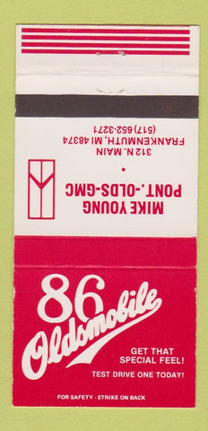 Matchbook Cover 1986 Oldsmobile Mike Young Pontiac GMC Frankenmuth MI 30 Strike