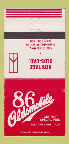 Matchbook Cover - 1986 Oldsmobile Heritage Cadillac Fairfield OH 30 Strike
