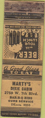 Matchbook Cover - Marty's Dixie Cabon BBQ WORN