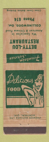 Matchbook Cover - Betty Lou Restaurant Collingwood ON low phone # girlie