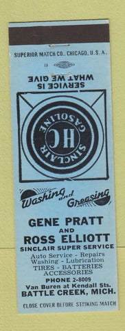 Matchbook Cover - Sinclair oil gas Gene Pratt Battle Creek MI