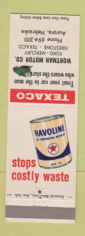 Matchbook Cover - Texaco oil gas Wortman Ford Mercury Aurora NE