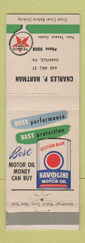 Matchbook Cover - Texaco oil gas Havoline Charles Hartman Danville PA