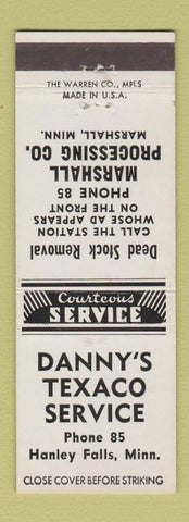 Matchbook Cover - Danny's Texaco oil gas Hanley Falls MN Marshall Processing