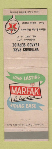 Matchbook Cover - Texaco oil gas Marfak Veterans Park Mount Airy NC