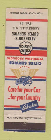 Matchbook Cover - Cities oil gas WWII Atkinson's Pardeeville WI low phone #