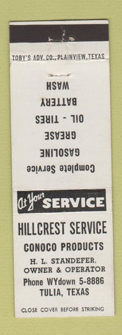 Matchbook Cover - Hillcrest Conoco oil gas Tulia TX HL Standefer
