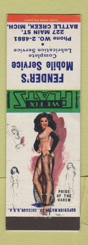 Matchbook Cover - Fender's Mobil oil gas Battle Creek MI pinup