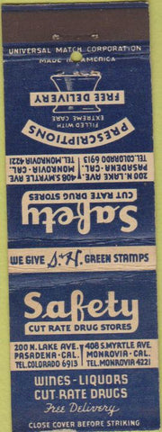 Matchbook Cover - Safety Drug Stores Monrovia CA Pasadena