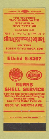 Matchbook Cover - Burns Shell oil gas Tankel Drug Store Chicago IL