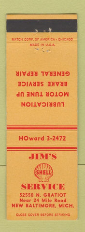 Matchbook Cover - Jim's Shell oil gas New Baltimore MI