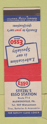 Matchbook Cover - Esso oil gas Stitzel's McEwensville PA