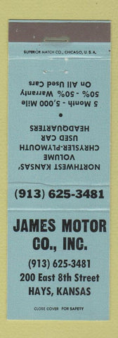Matchbook Cover - James Chrysler Plymouth Hays KS