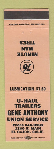 Matchbook Cover - Union 76 oil gas Gene Anthony U-Haul Trailers El Cajon CA