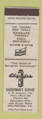 Matchbook Cover - Chrysler Plymouth Bauserman's Arlington VA Tydol oil gas