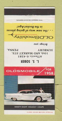 Matchbook Cover - 1958 Oldsmobile LS Sober Sunbury PA 30 Strike