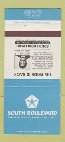 Matchbook Cover - South Boulevard Chrysler Plymouth Charlotte NC 30 Strike