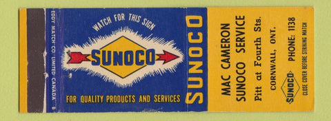 Matchbook Cover - Mac Cameron Sunoco oil gas Cornwall ON