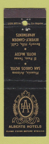 Matchbook Cover - Alberts Hotels Phoenix AZ El Paso TX Beverly Hills CA