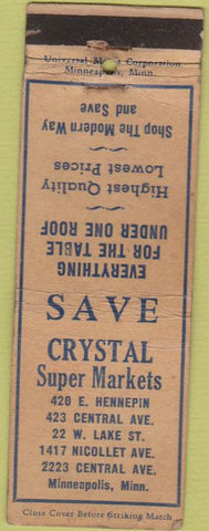 Matchbook Cover - Crystal Super Market Minneapolis MN WORN
