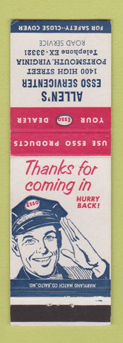 Matchbook Cover - Esso oil gas Allen's Portsmouth VA
