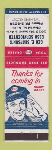 Matchbook Cover - Esso oil gas Geo Simpson's Charlotte NC