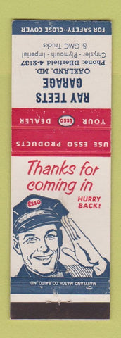Matchbook Cover - Esso oil gas Ray Teets Garage Oakland MD
