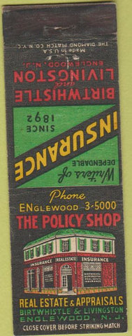 Matchbook Cover - Insurance Englewood NJ