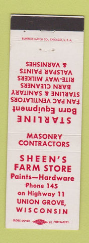 Matchbook Cover - Sheen's Farm Store Paints Hardware Union Grove WI