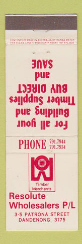 Matchbook Cover - Resolute Timber Merchants Lumber Dandenong Australia