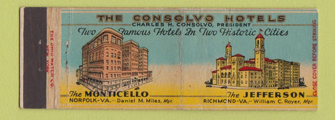 Matchbook Cover - Consolvo Hotels Richmond Norfolk VA Full Length