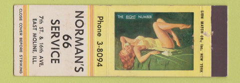 Matchbook Cover - Norman's 66 Service oil gas East Moline IL pinup