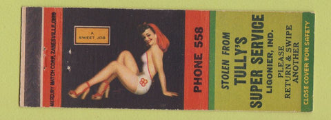 Matchbook Cover - Tully's Super Service oil gas Ligonier IN pinup Conoco