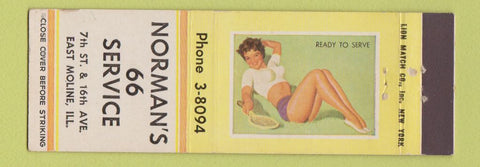Matchbook Cover - Norman's 66 Service oil gas East Moline IL pinup