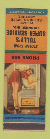 Matchbook Cover - Tully's Super Service oil gas Ligonier IN pinup Conoco