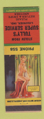 Matchbook Cover - Tully's Super Service oil gas Ligonier IN pinup Conoco