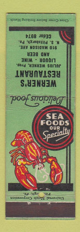 Matchbook Cover - Werner's Restaurant Pittsburgh PA lobster