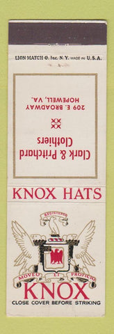 Matchbook Cover - Knox Hats Clark & Pritchard Clothes Hopewell VA