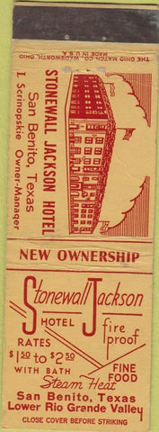 Matchbook Cover - Stonewall Jackson Hotel San Benito TX CREASE
