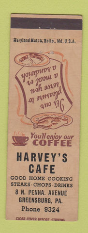Matchbook Cover - Harvey's Cafe Greensburg PA
