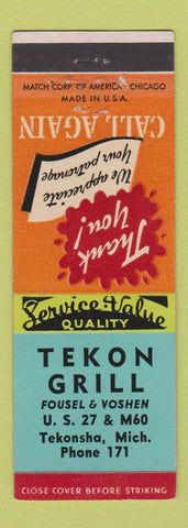 Matchbook Cover - Tekon Grill Tekonsha MI
