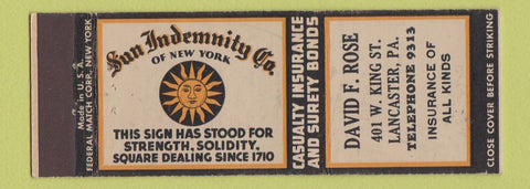 Matchbook Cover - David Rose Insurance Lancaster PA Federal